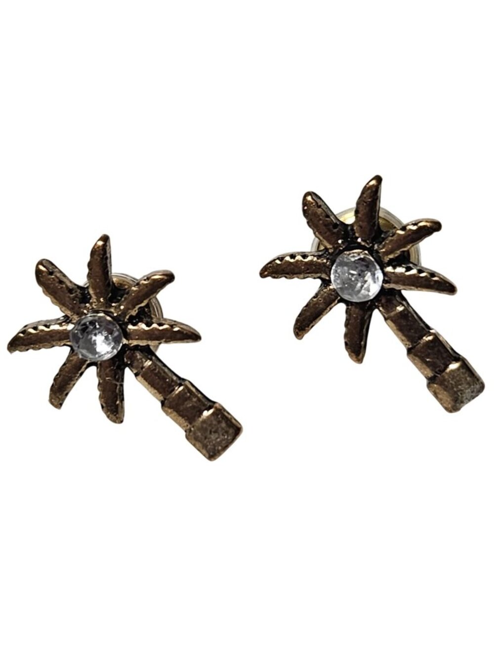 Palm Tree Stud Earrings Clear Crystal Center Gold Tone Fun Fashion Jewelry Women